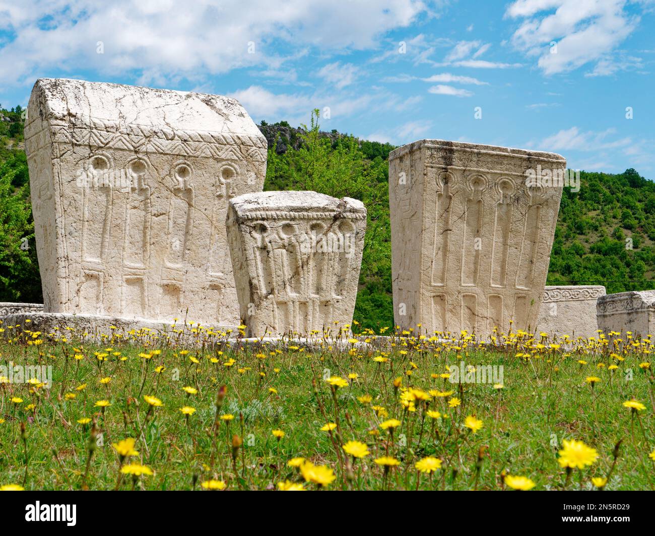 Stecci mittelalterliche Grabsteine Friedhöfe in Radimlja, Bosnien und Herzegowina. UNESCO-Weltkulturerbe. Stockfoto