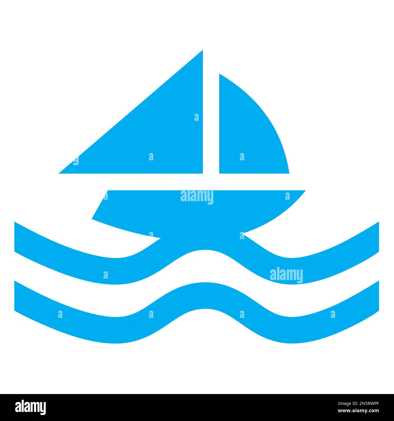 Blau-weiße Vektorgrafik eines Kartensymbols für segelnde Wasseraktivitäten. Es besteht aus einer blauen Silhouette einer Yacht, die auf Wellen sitzt Stock Vektor