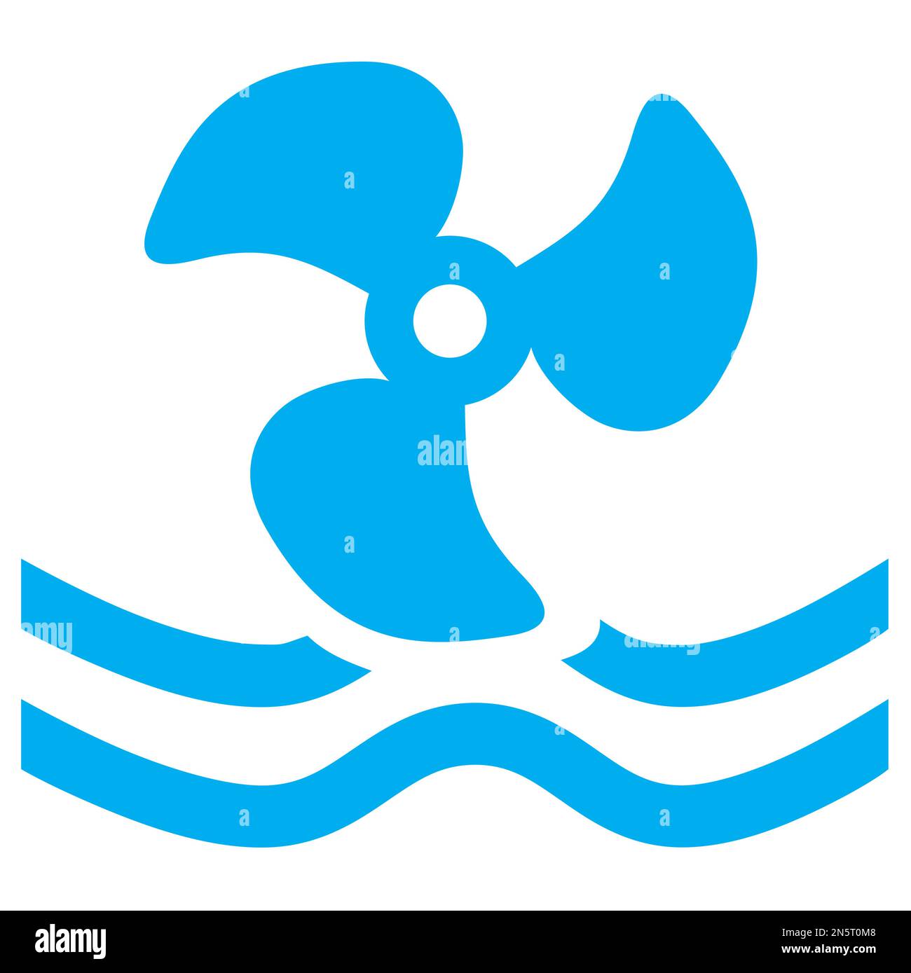 Blau-weiße Vektorgrafik eines Kartensymbols für Propeller-basierte Wasseraktivitäten. Es besteht aus einer blauen Silhouette eines Propellers, der sich in Wellen dreht Stock Vektor