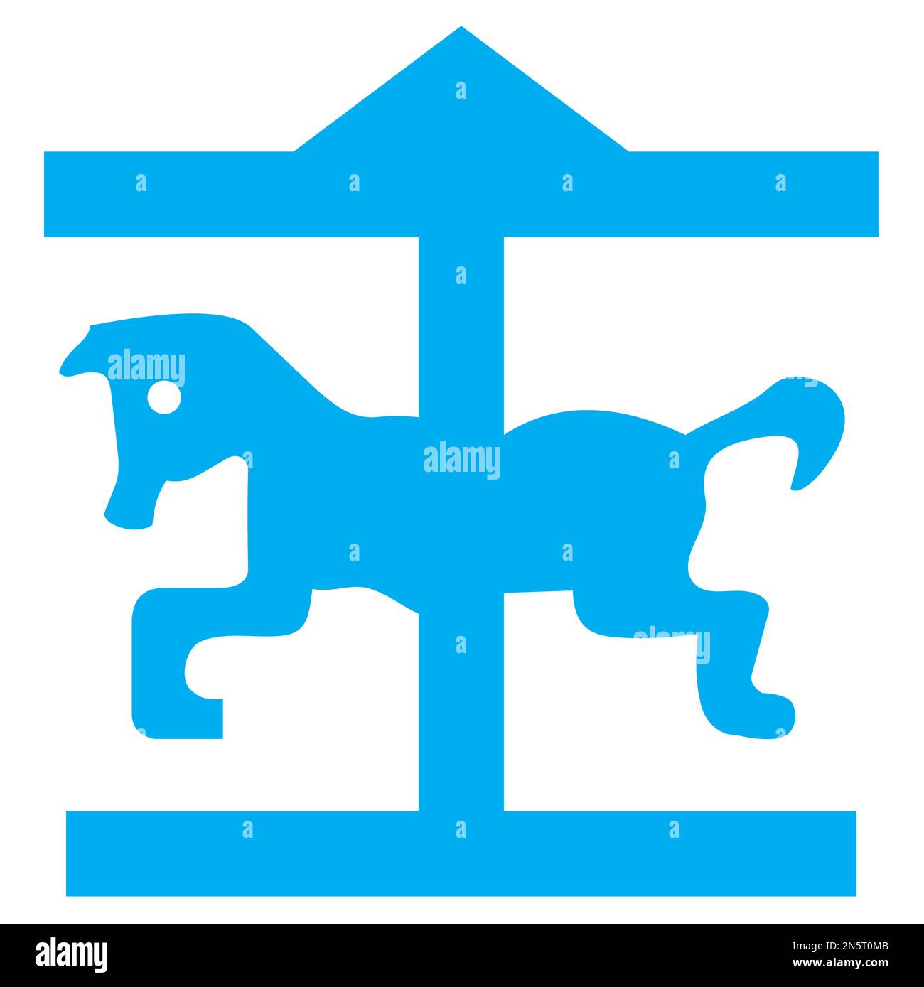 Blau-weiße Vektorgrafik eines Kartensymbols für einen Freizeitpark. Es besteht aus einer blauen Silhouette eines Pferdes auf einem Karussell Stock Vektor