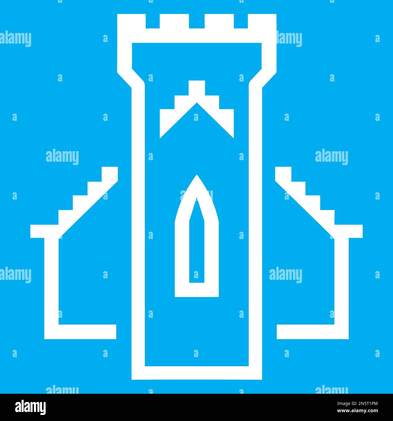 Blau-weiße Vektorgrafik eines Kartensymbols für eine historische Stätte in Schottland. Es besteht aus einer Kirche und einer Burg, die miteinander verschmolzen sind Stock Vektor