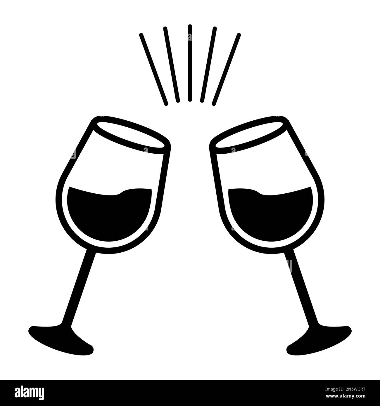 Einfarbige Vektorgrafik von zwei Gläsern Wein, die bei einem Toast oder einer Feier miteinander verbunden werden Stock Vektor