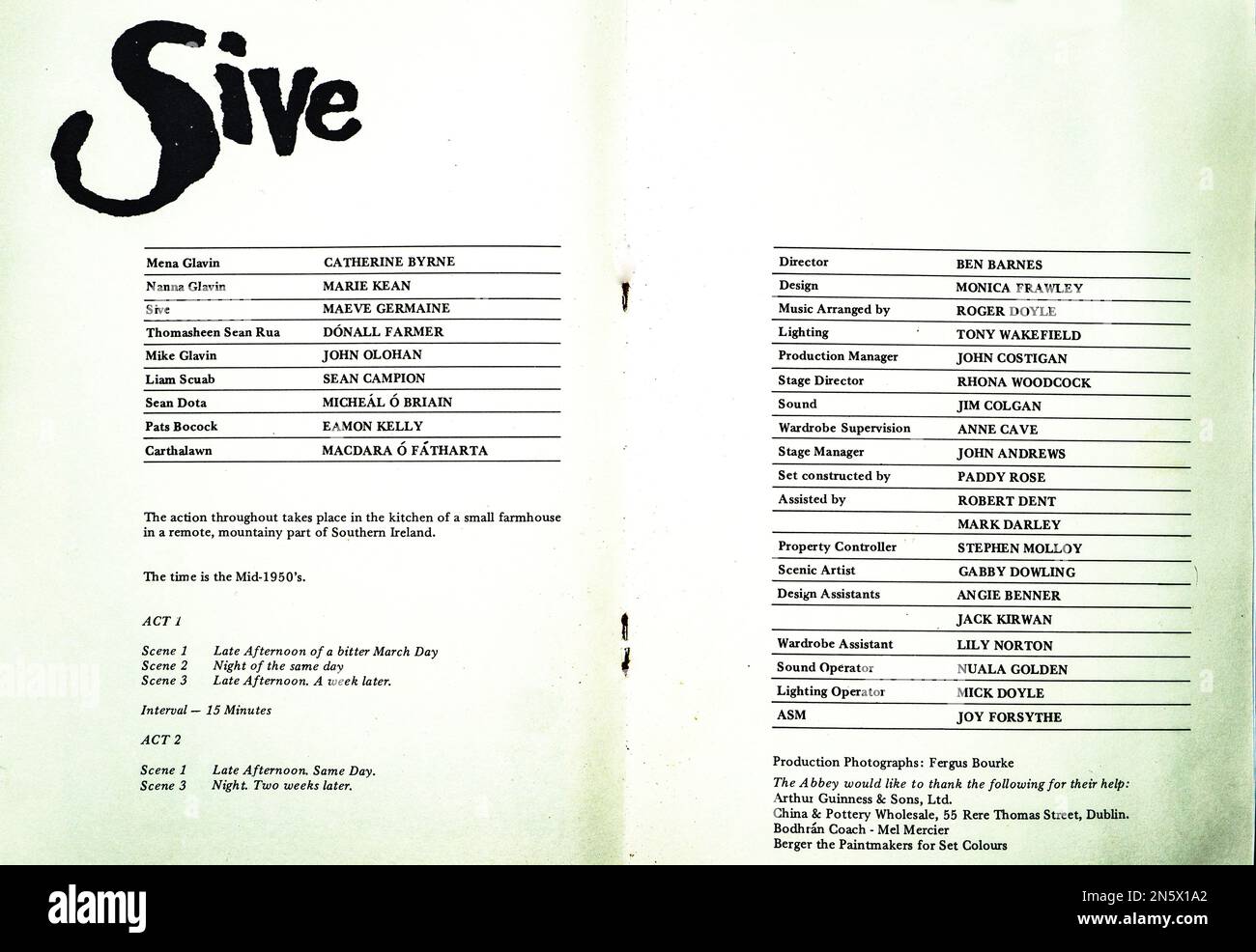 Die Schauspielliste für die Produktion von 1985 von sive, von John B. Keane, im Abbey Theatre, Dublin, Irland. Direktor Ben Barnes. Stockfoto
