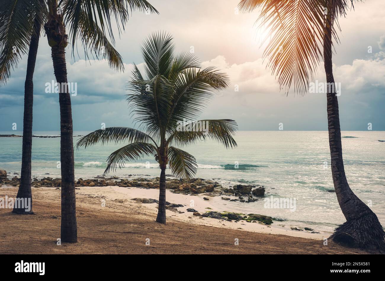 Farbiges Bild eines leeren tropischen Strandes, Reisekonzept, Mexiko. Stockfoto