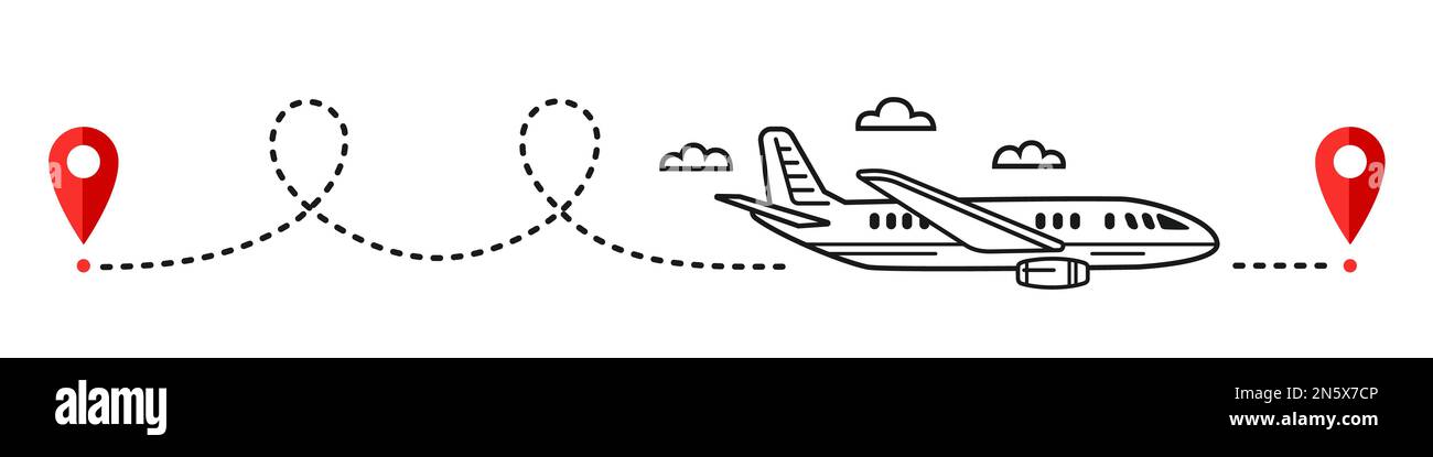 Flugweg Flugstrecke, Flugliniensymbol Fluglinienverfolgung. Das Flugzeug fliegt. Standortverfolgung im Lufttransport. Flug. Zeigervektor der GPS-Karte Stock Vektor