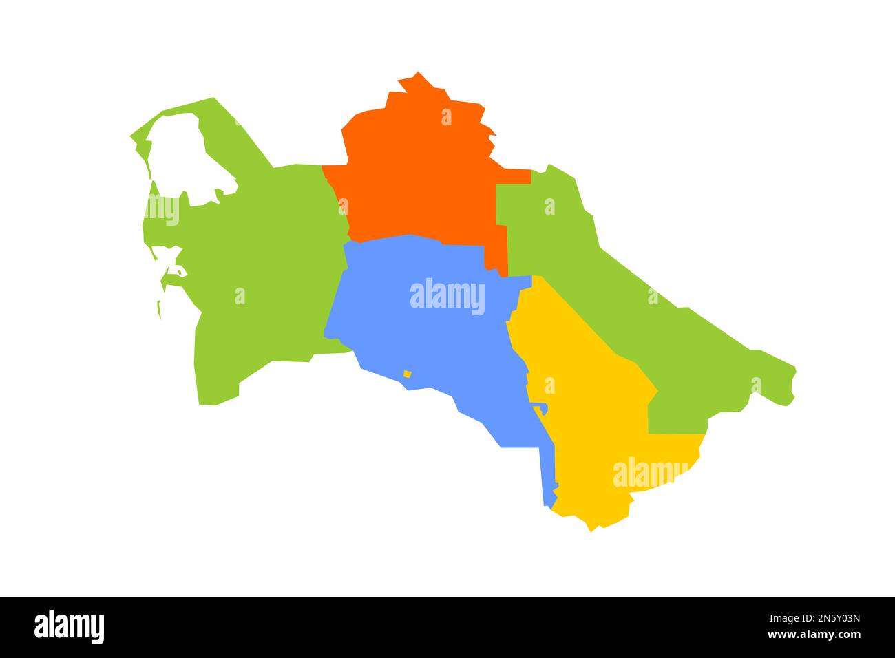 Turkmenistan politische Karte der Verwaltungsabteilungen - Regionen und Hauptstadtbezirk Aschgabat. Leere farbige Vektorkarte. Stock Vektor