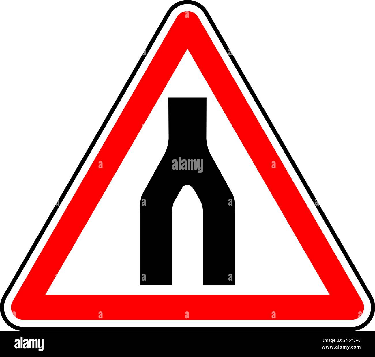 Vektorgrafik einer britischen Warnung vor dem Ende eines zweispurigen Straßenschilds. Es besteht aus zwei Straßen, die zu einem Symbol in einem roten Dreirad werden Stock Vektor