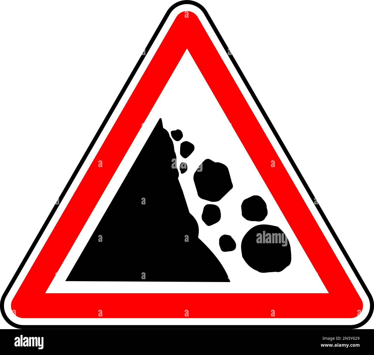 Vektorgrafik einer britischen Gefahr herabfallender Steine vor dem Straßenschild. Es besteht aus einem Symbol für Hanglage und fallende Felsblöcke, das in einem roten Dreieck enthalten ist Stock Vektor