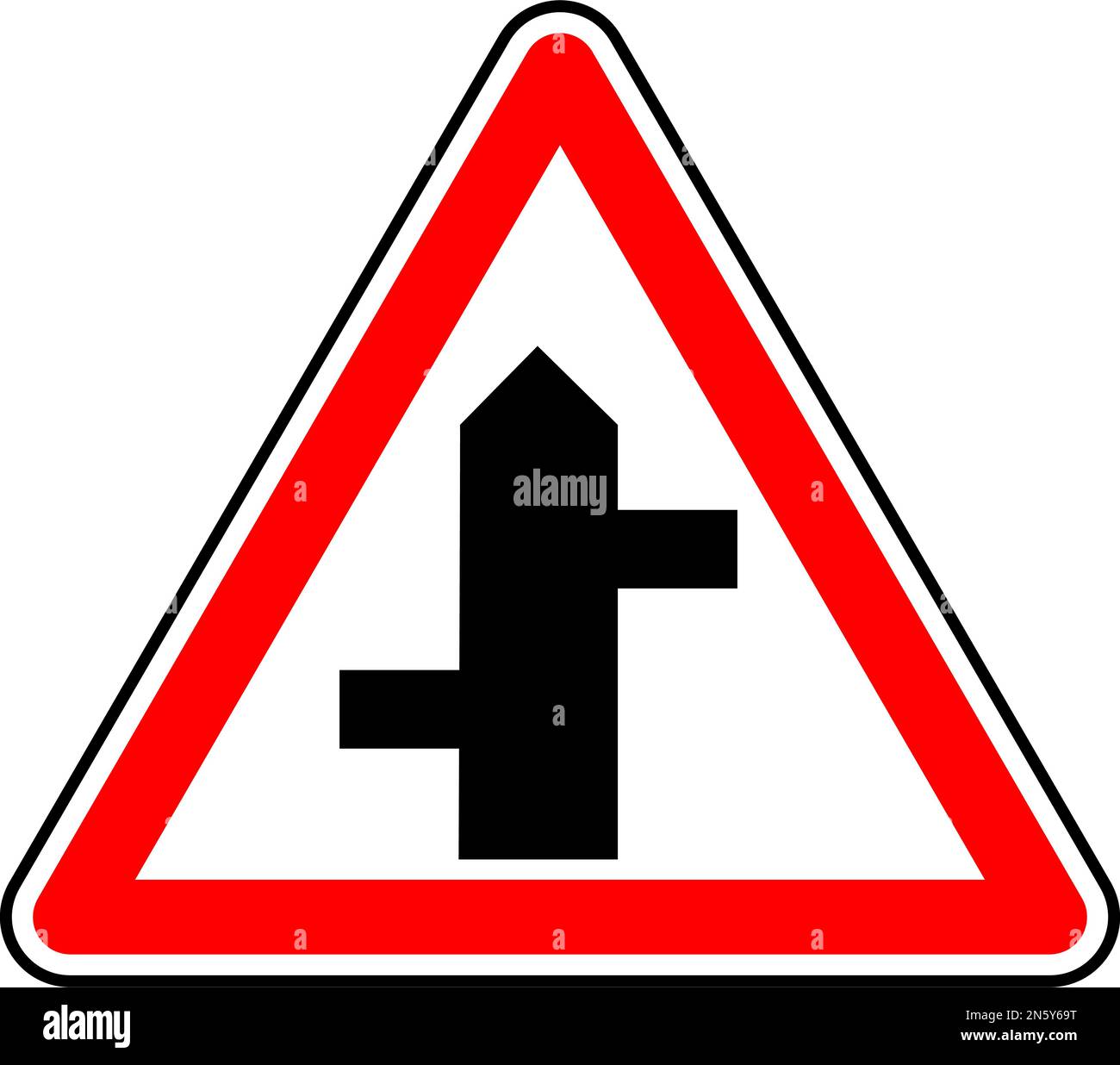 Vektorgrafik einer versetzten kreuzung in großbritannien vor dem Straßenschild. Es besteht aus einer Darstellung des Straßenverlaufs in einem roten Dreieck Stock Vektor