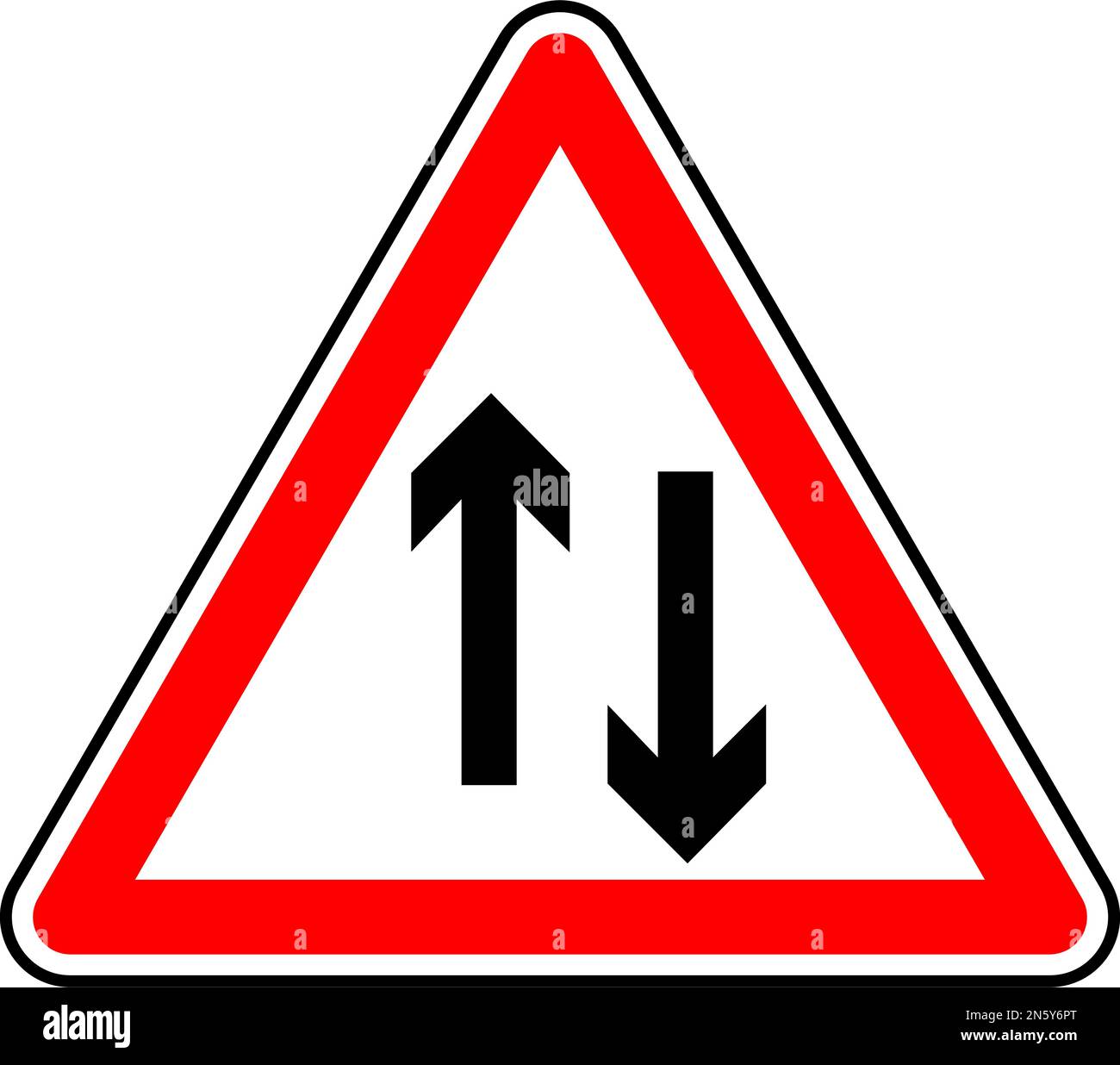 Vektorgrafik eines britischen Verkehrsschilds in Gegenrichtung. Sie besteht aus zwei vertikalen Pfeilen, die in entgegengesetzte Richtungen in einem roten Dreieck zeigen Stock Vektor