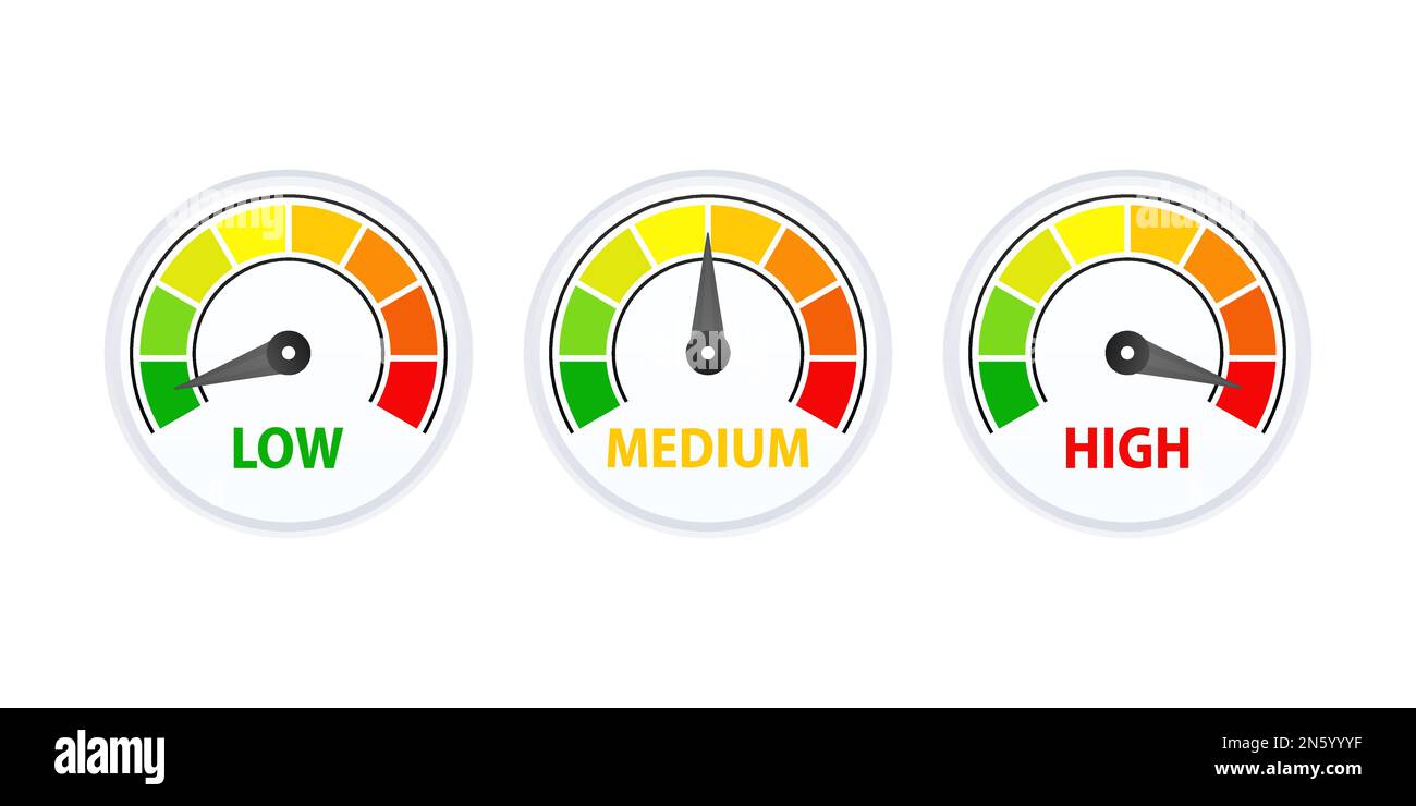 Anzeigen Tachometer Niedrig, Mittel und hoch, Anzeigen. Nenndrehzahlmesser. Stock Vektor