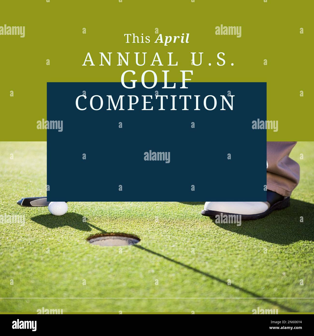 Komposition des jährlichen US-Golfwettbewerbs Text, Golfspieler und Kopierbereich auf grünem Hintergrund Stockfoto