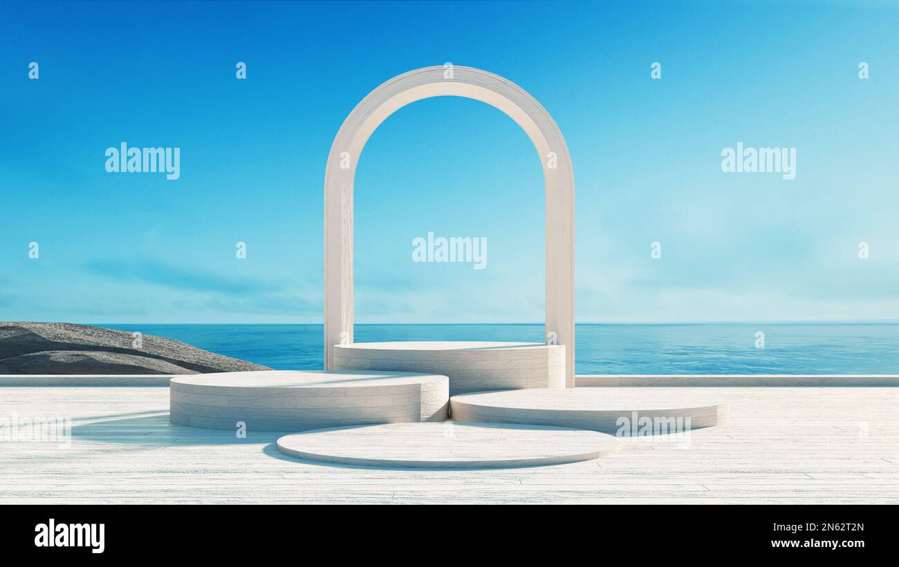 Podium der Produktanzeige auf dem Hintergrund der Meeresansicht - 3D-Rendering Stockfoto