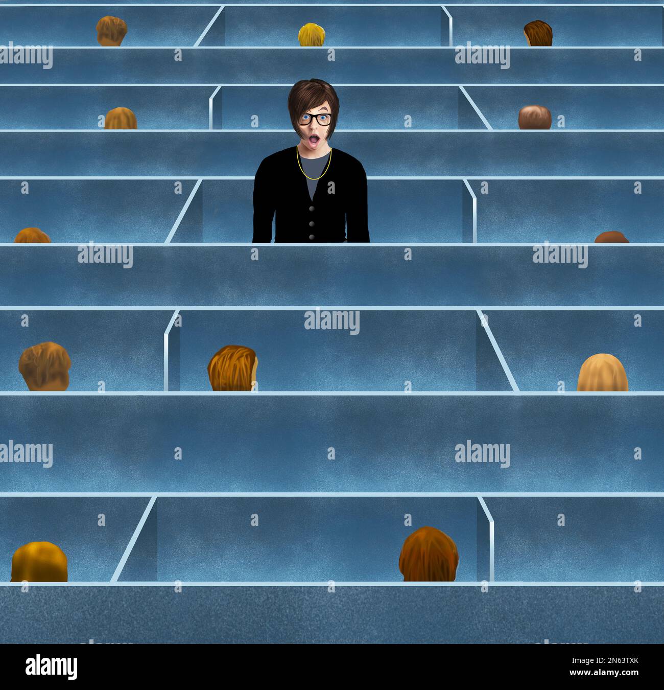 Eine Büroangestellte steht in ihrem Büro mit einem schockierten Gesicht auf, als sie erfährt, dass sie entlassen wurde. Dies ist eine 3-D-Abbildung Stockfoto