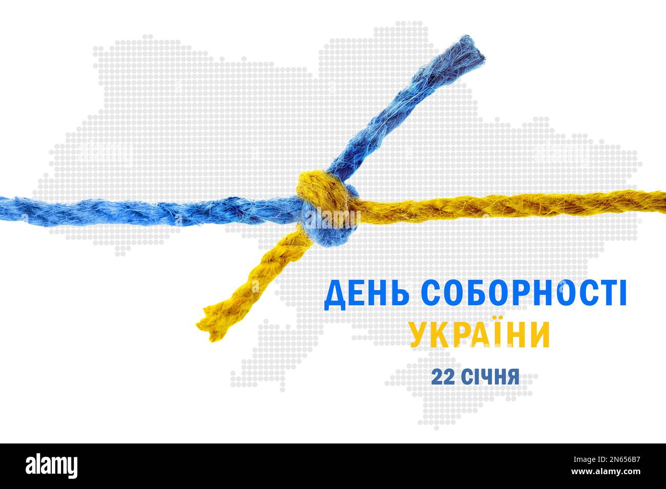 „Unity Day of Ukraine“-Posterdesign. Die farbigen Seile sind miteinander verbunden, und der Text ist in Ukrainisch auf weißem Hintergrund geschrieben Stockfoto