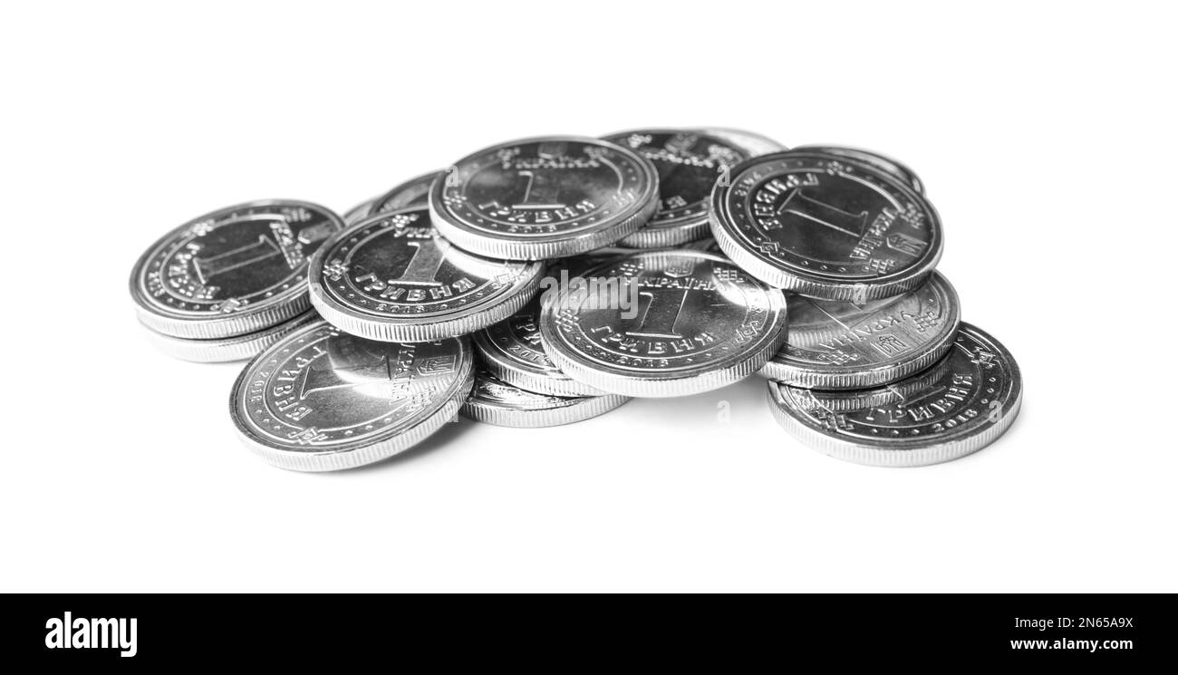Ukrainische Münzen, isoliert auf Weiß. Landeswährung Stockfoto