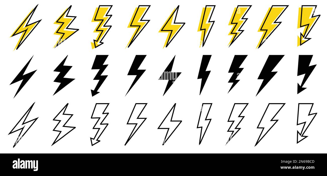 Blitzsymbol gesetzt. Thunderbolt in flacher Ausführung. Vektor für grafische Elemente in Umrissen. Schwarz umrandete und gelbe Symbolgruppen. Schild für Netzspannung. Stock Vektor