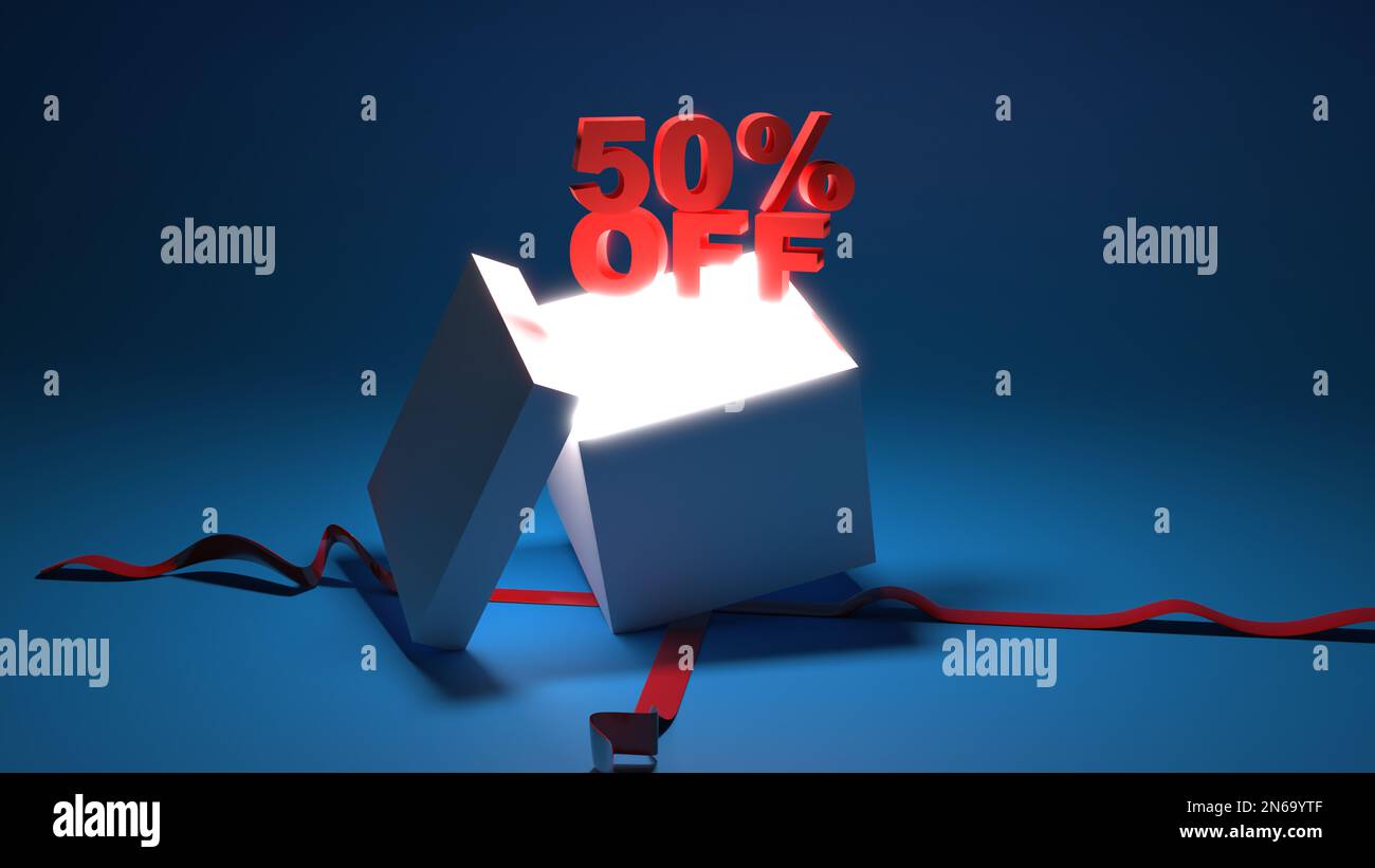 50 % Rabatt auf Konzeptdesign für E-Commerce-Plattformen 3D-Rendering-Hintergrund, spezielle Idee für Werbekampagnen in 3D-Rendering-Umgebung Stockfoto
