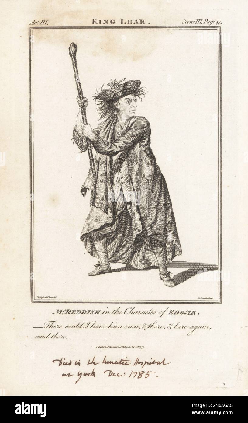Mr. Reddish in der Figur von Edgar in William Shakespeares King Lear, im Drury Lane Theatre, 21. Oktober 1767. In Tricorne, zerkleinerter Jacke, Kniebundhosen, mit einem Stab wedeln. Reddish war ein englischer Schauspieler, der am besten beaux und Adlige in sentimentalen Stücken spielte, der in York Asylum starb, 1735-1785. Copperplate-Gravur von Charles Grignion nach einem Porträt von Thomas Parkinson aus John Bell's Edition of Shakespeare, London, 19. Februar 1776. Stockfoto