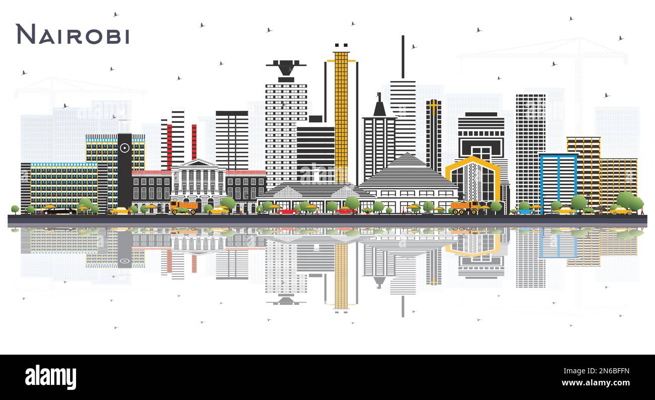 Die Skyline von Nairobi Kenia mit farbigen Gebäuden und Reflexionen, isoliert auf Weiß. Vektordarstellung. Geschäftsreisen und Konzept. Stock Vektor