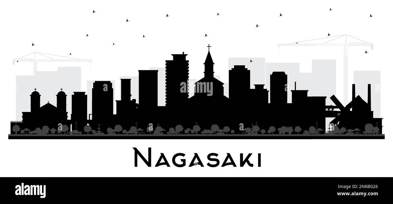 Silhouette der japanischen Skyline von Nagasaki mit schwarzen Gebäuden isoliert auf Weiß. Vektordarstellung. Nagasaki Stadtlandschaft mit Wahrzeichen. Stock Vektor