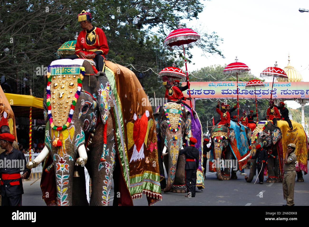 Mahouts ride decorated elephants as they pass in a procession through a