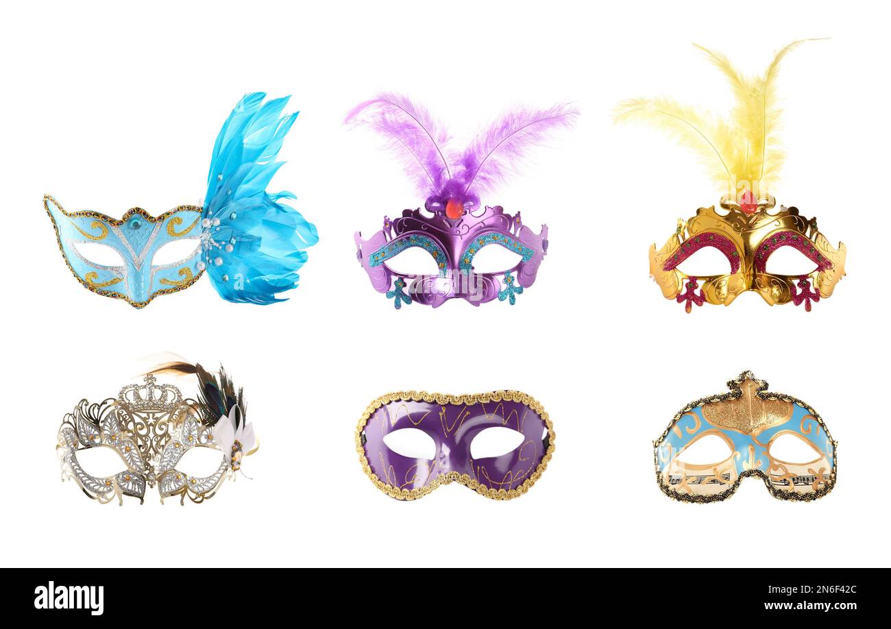 Set mit wunderschönen Karnevalsmasken auf weißem Hintergrund Stockfoto