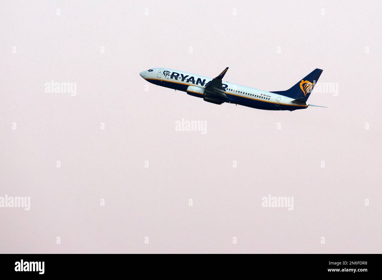 Rom, Italien, 31. Januar 2023. Ein Flugzeug der irischen Ultra-Billigfluggesellschaft Ryanair startet vom internationalen Flughafen RomeÕs Fiumicino im Januar 31. Stockfoto