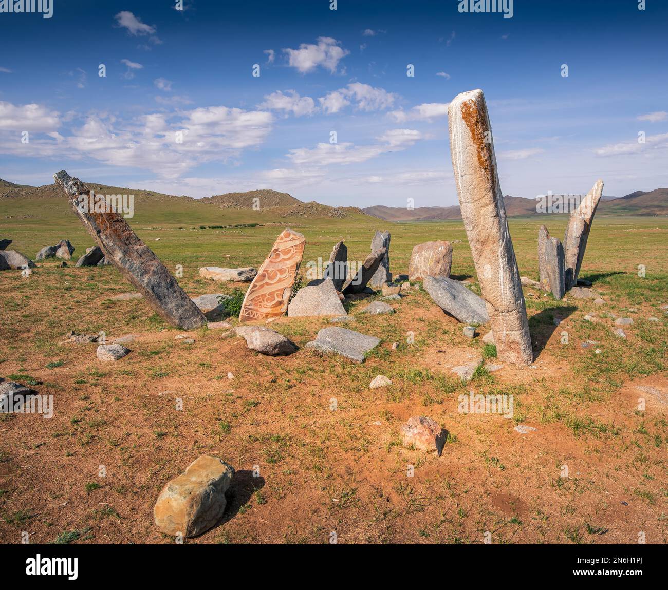 Alte Hirschsteine mit Hirschbildern. Provinz Bayanhongor, Mongolei Stockfoto