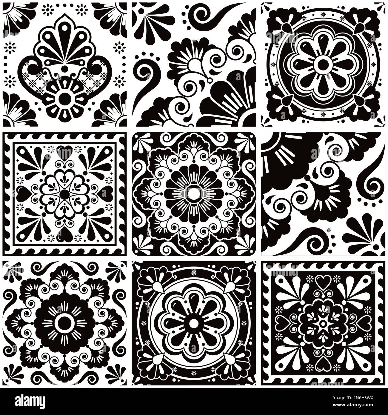 Mexikanische talavera-Fliesen, nahtloses Vektormuster mit Blumen, Blättern, Herzen und Wirbeln - schwarz-weiß großes Set, Design im Stil mexikanischer Kunst Stock Vektor