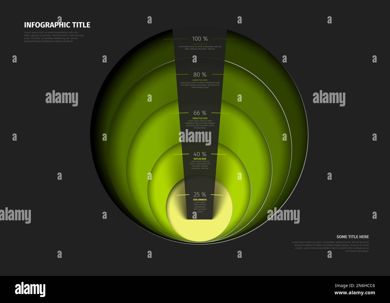 Vektor-Infografik-Vorlage für Kreisschichten mit fünf Ebenen Volumenteilen Halbkreise – grüne Farbvorlage mit dunklem Hintergrund und Beschreibung in Prozent Stock Vektor