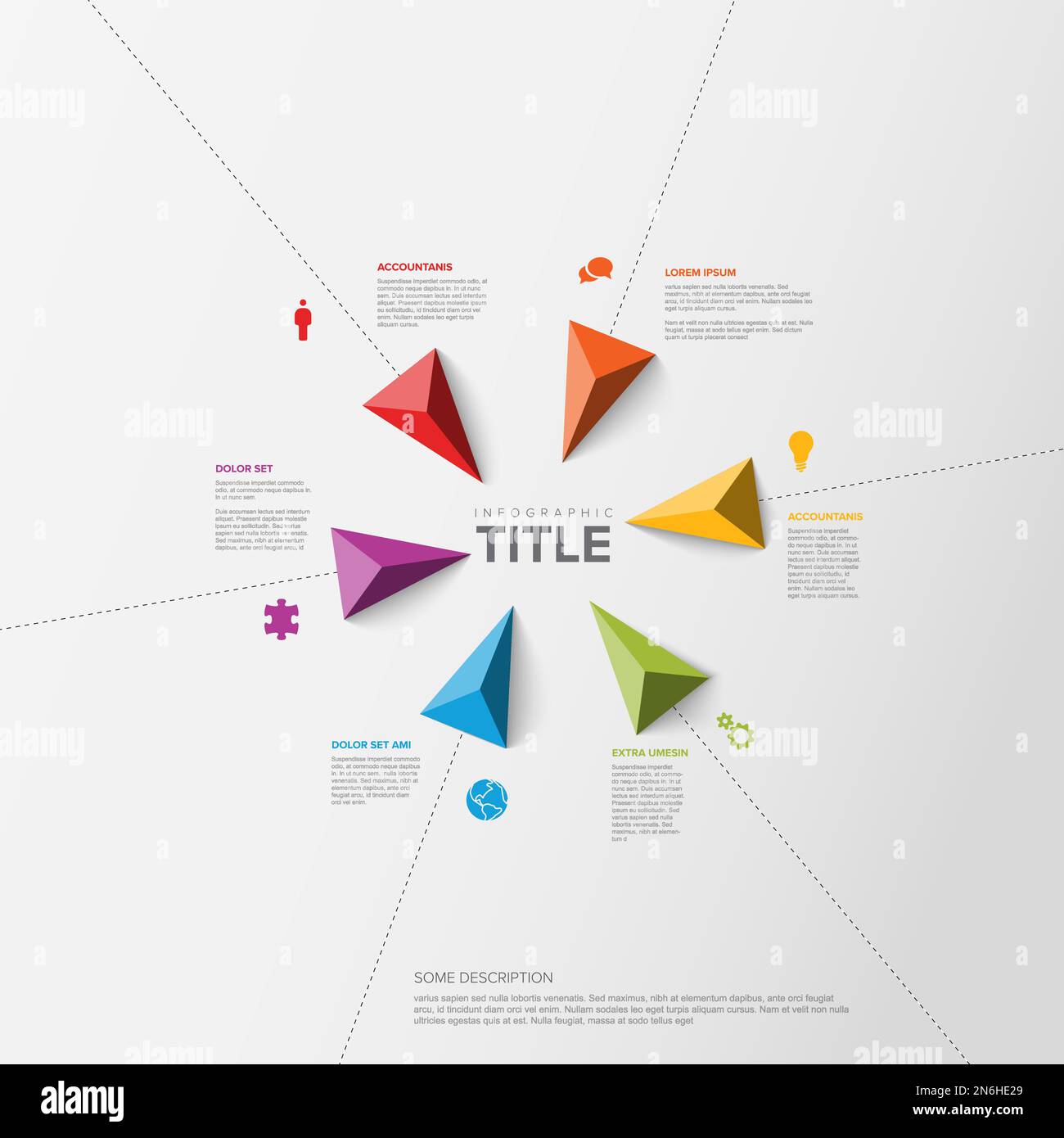 Infografik-Vorlage für Vektoren mit Titel und sechs dreieckigen Zeigerelementen, die mit dem Infografiktitel in die Mitte führen. Mehrzweck Stock Vektor