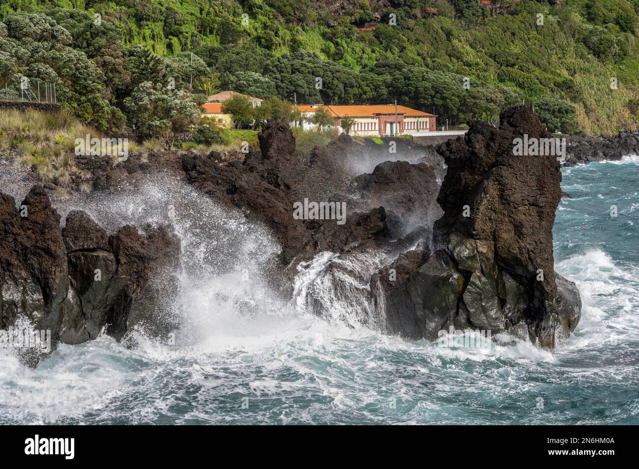 Sea House Lava Cliffs Faial Island Azoren Portugal Stockfoto