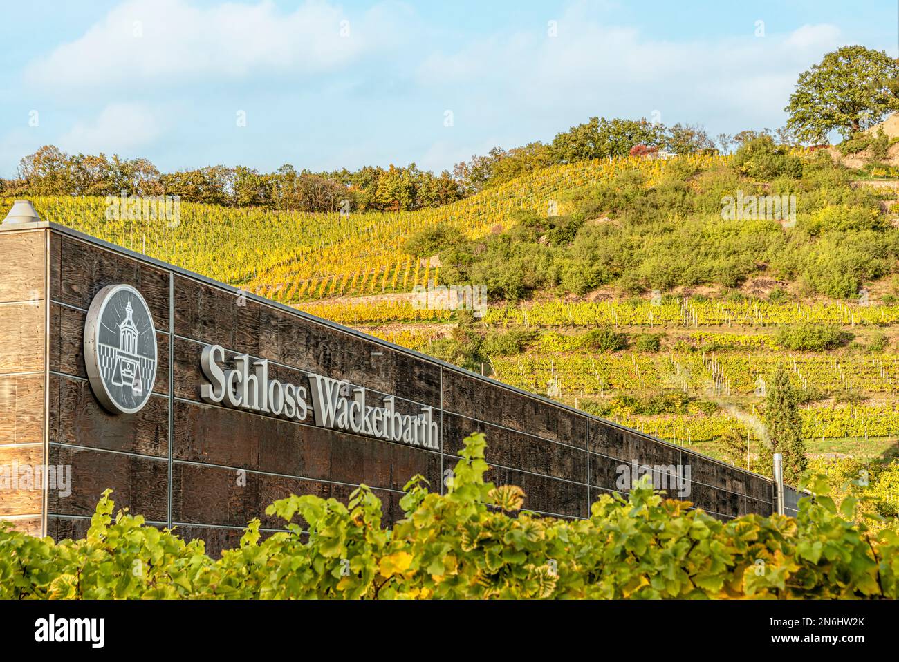 Logo des sächsischen Staatsweinbaugebiets Schloss Wackerbarth in Radebeul bei Dresden, Sachsen, Deutschland Stockfoto
