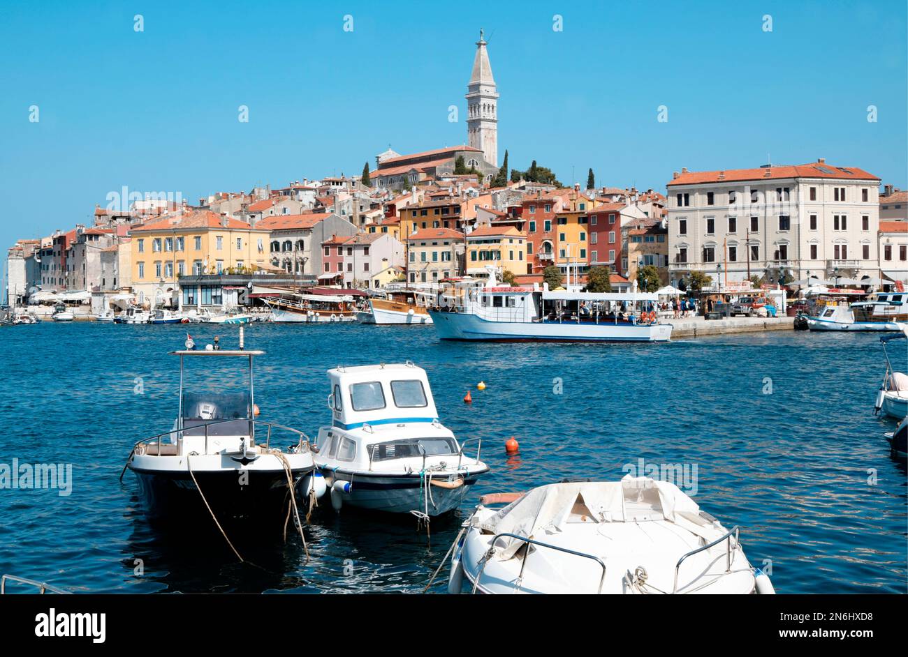 Blick auf die Altstadt von Rovinj, Istrien, Kroatien. Adriatisches Meer, Rovinj. Altstadt von Rovinj und die Kathedrale von St. Euphämie Stockfoto