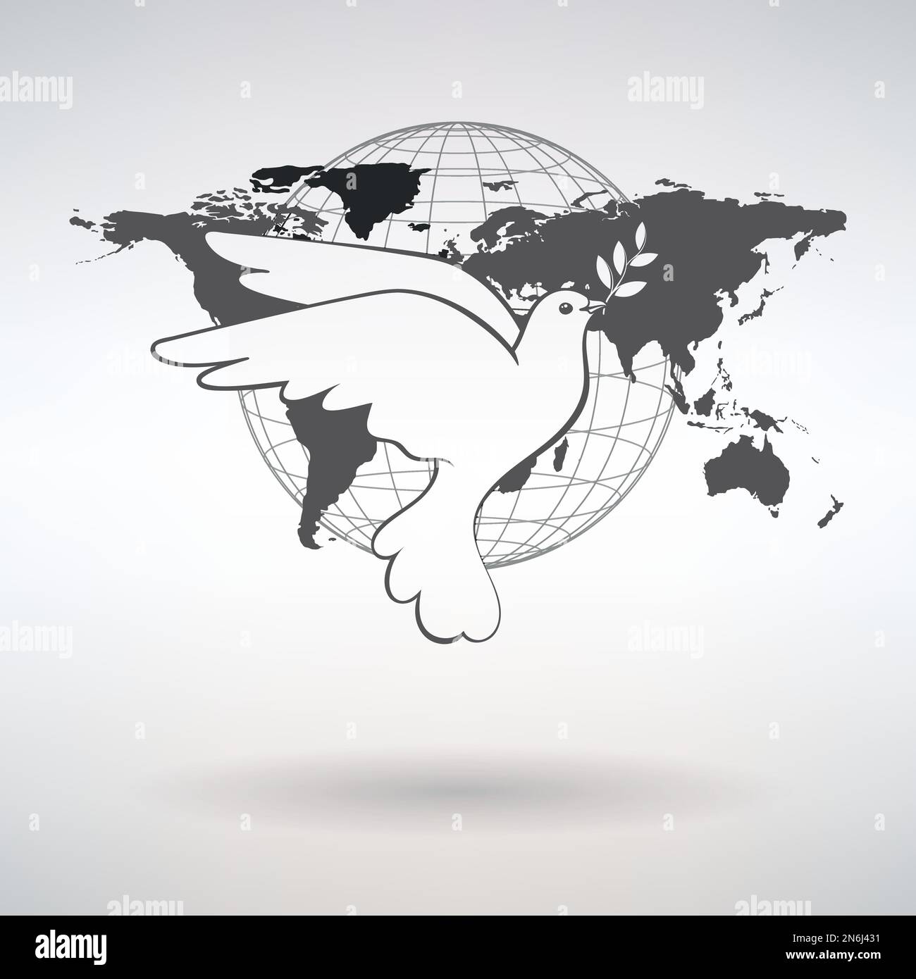 Die Taube des Friedens im Hintergrund der Weltkarte trägt einen Olivenzweig Stock Vektor