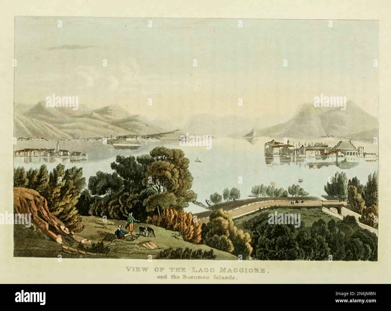 Blick auf Lago Maggiore und die Boromeo-Inseln, eingraviert von J. und J. Lory, aus dem Buch " malerische Tour von Genf nach Mailand, über den Simplon ", veröffentlicht in London von R. Ackermann im Jahr 1820 Stockfoto