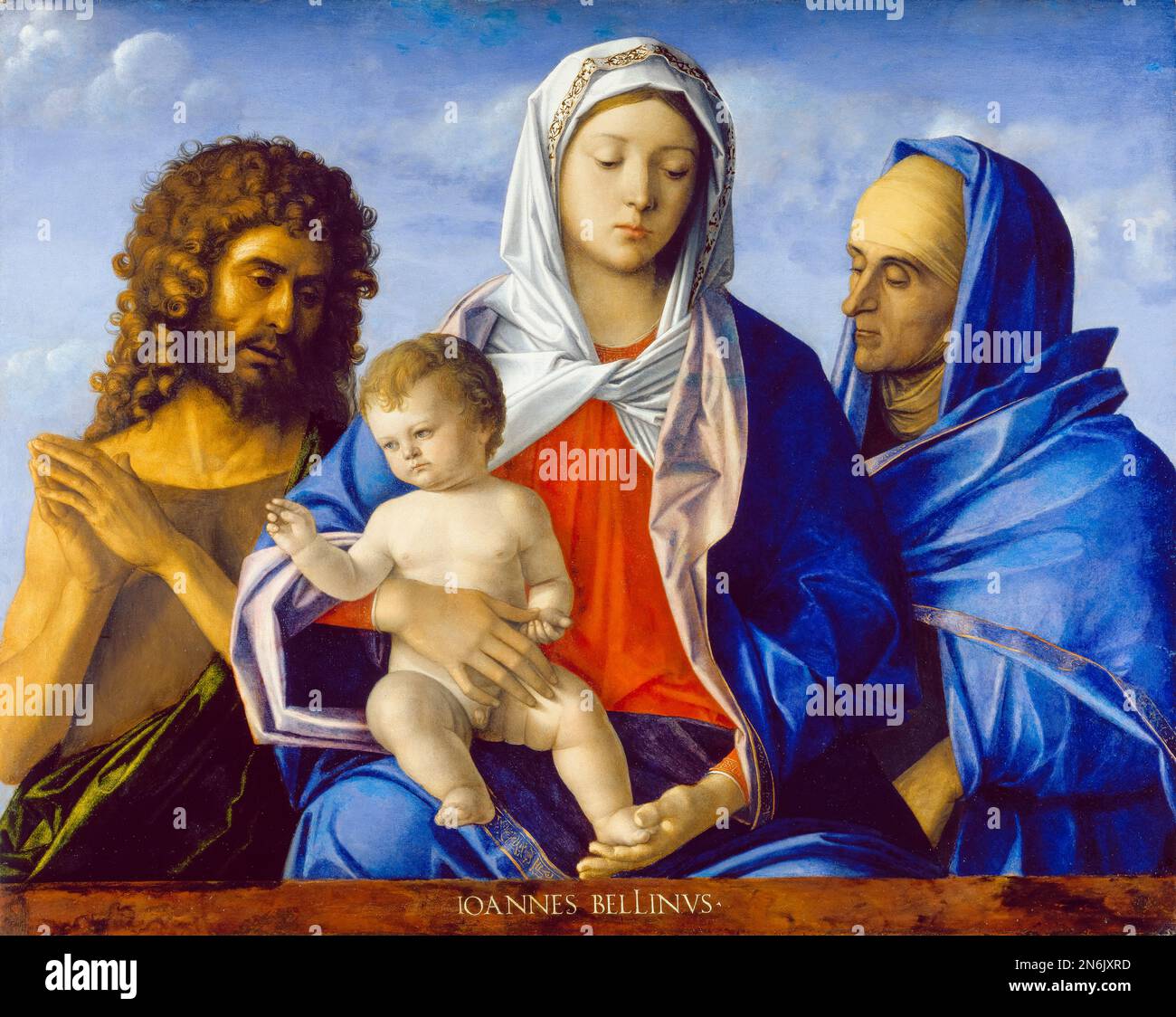 Madonna und Kind mit Johannes dem Täufer und Saint Elizabeth, Malerei in gemischten Medien auf Pappelholz von Giovanni Bellini und Workshop, 1490-1500 Stockfoto