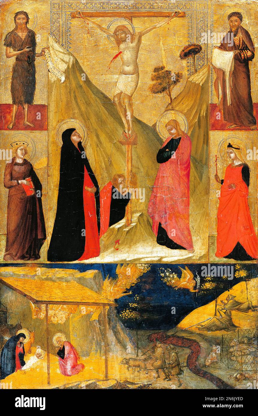 Ambrogio Lorenzetti, Kreuzigung und Geburt mit den Heiligen, Malerei in gemischten Medien auf Pappelholz, 1330-1335 Stockfoto