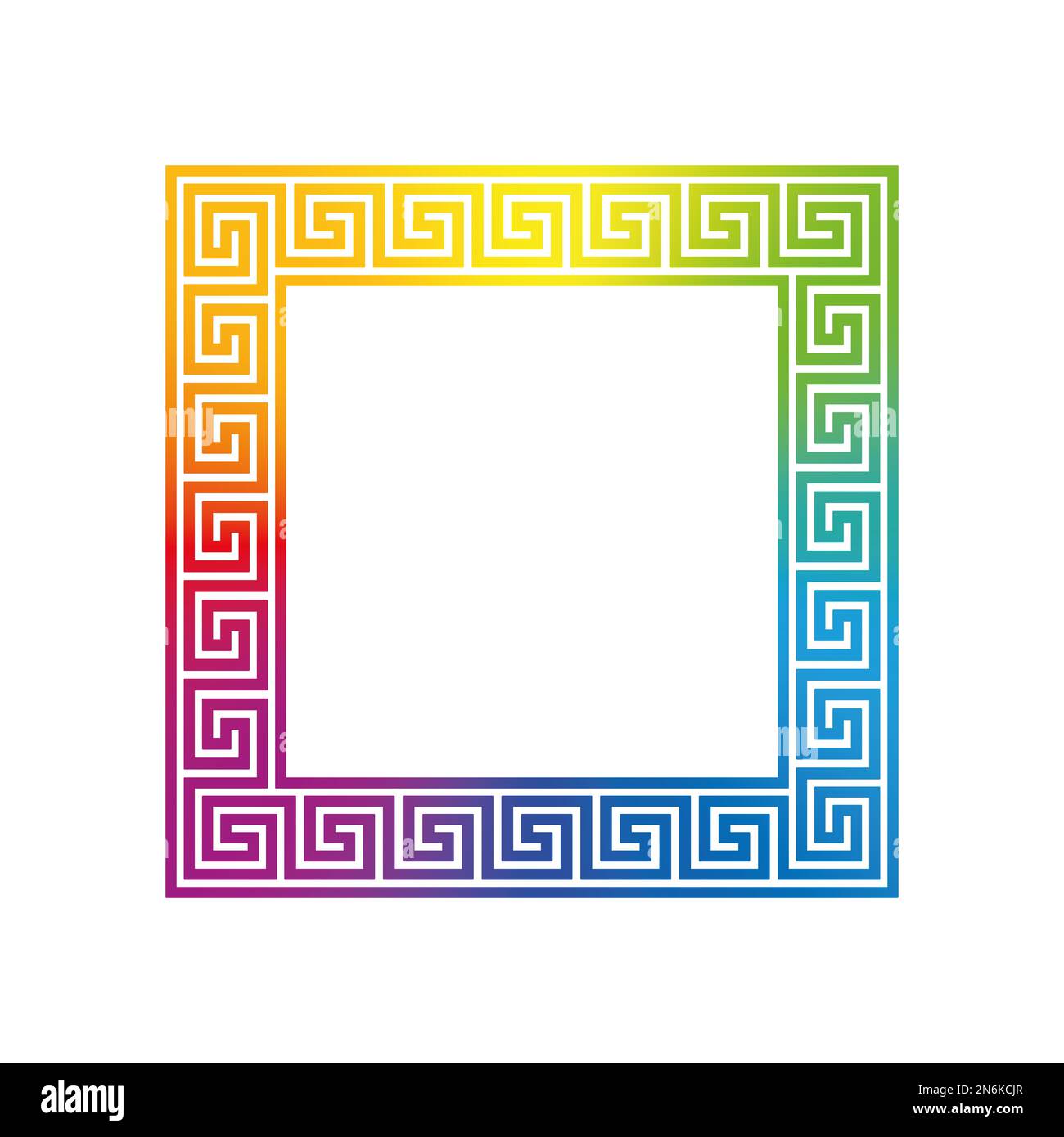 Quadratisches, schlankes Design, Rahmen mit nahtlosem Muster in Regenbogengradienten. Meandros, ein dekorativer Rahmen, aus durchgehenden Linien. Stockfoto