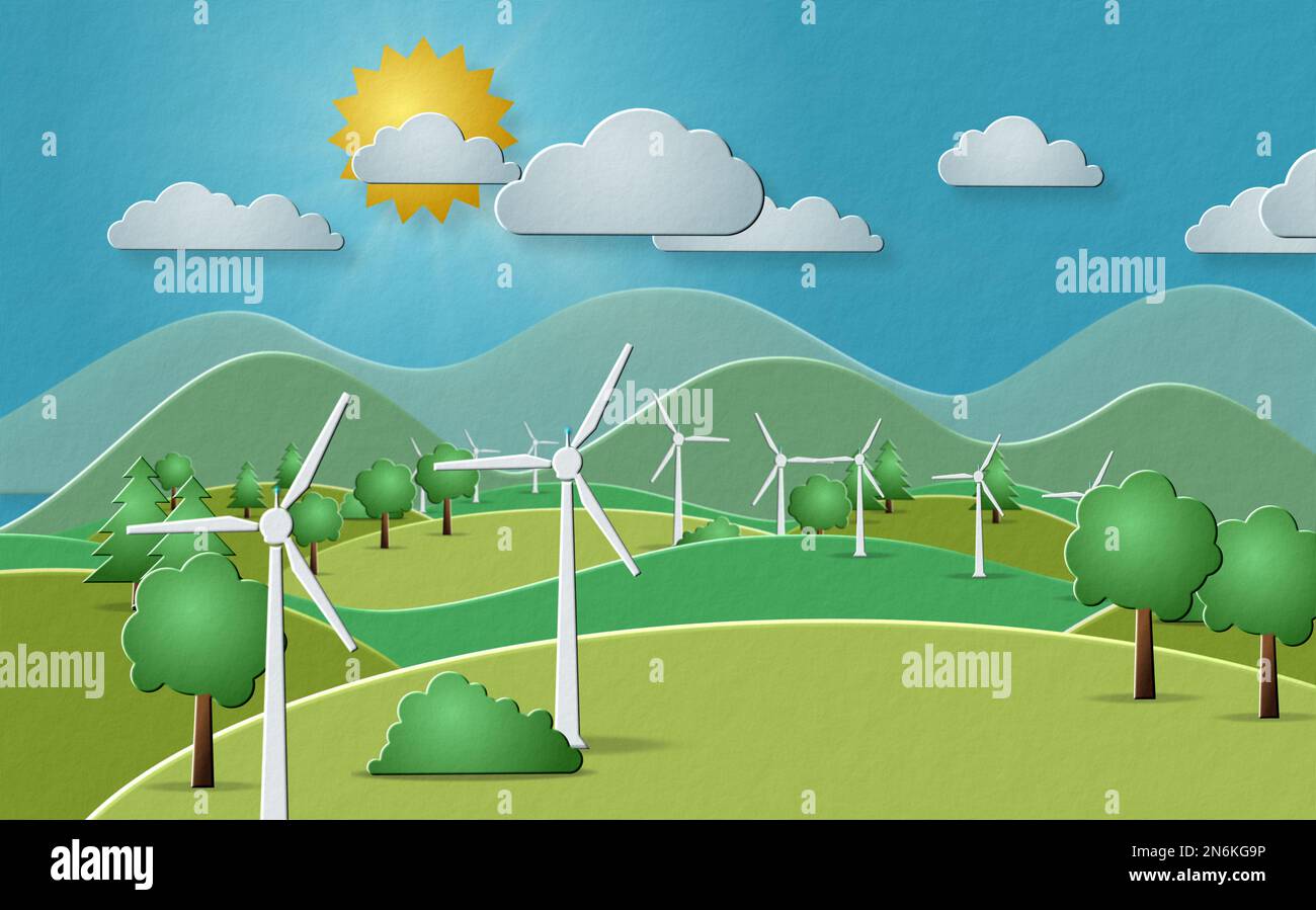 Windenergie und umweltfreundliche Produktion erneuerbarer Energie Cartoon Papier Art Style 3D Illustration Stockfoto