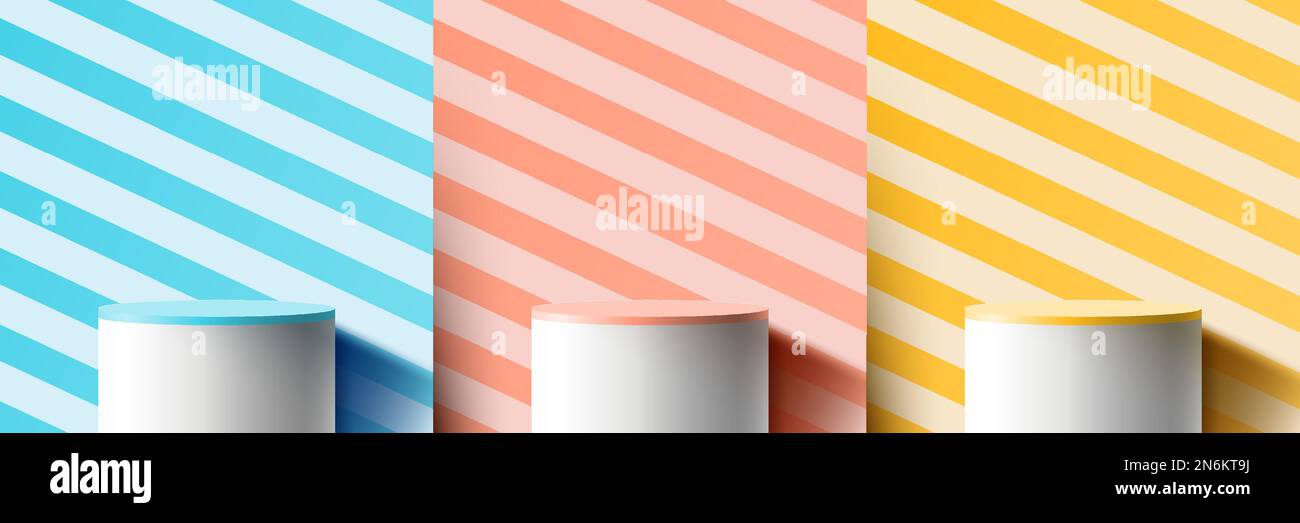 Set aus blauen, gelben und orangefarbenen Pastelltönen auf der weißen 3D-Zylinder-Podium-Sockeldekoration diagonale Streifenmuster auf minimaler Wandszene Stock Vektor
