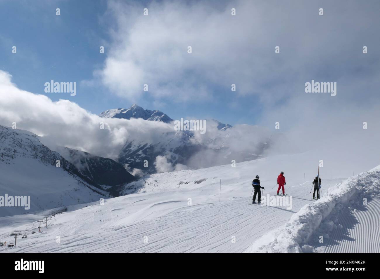 Skipiste in La Rosiere in Frankreich. Winterlandschaft in den französischen alpen. Stockfoto