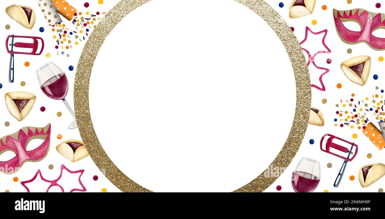 Aquarelle horizontale Bannervorlage für Purim-Grüße mit rundem goldenen Rahmen, Konfetti, Masken, Weinglas, Rasselklappern, Cracker Stockfoto