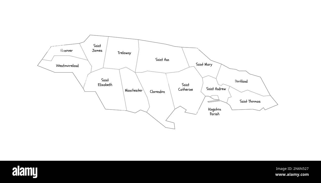Jamaika politische Karte der Verwaltungsabteilungen - Pfarren. Handgezeichnete Karte im Kritzelstil mit schwarzen Umrandungen und Namensschildern. Stock Vektor
