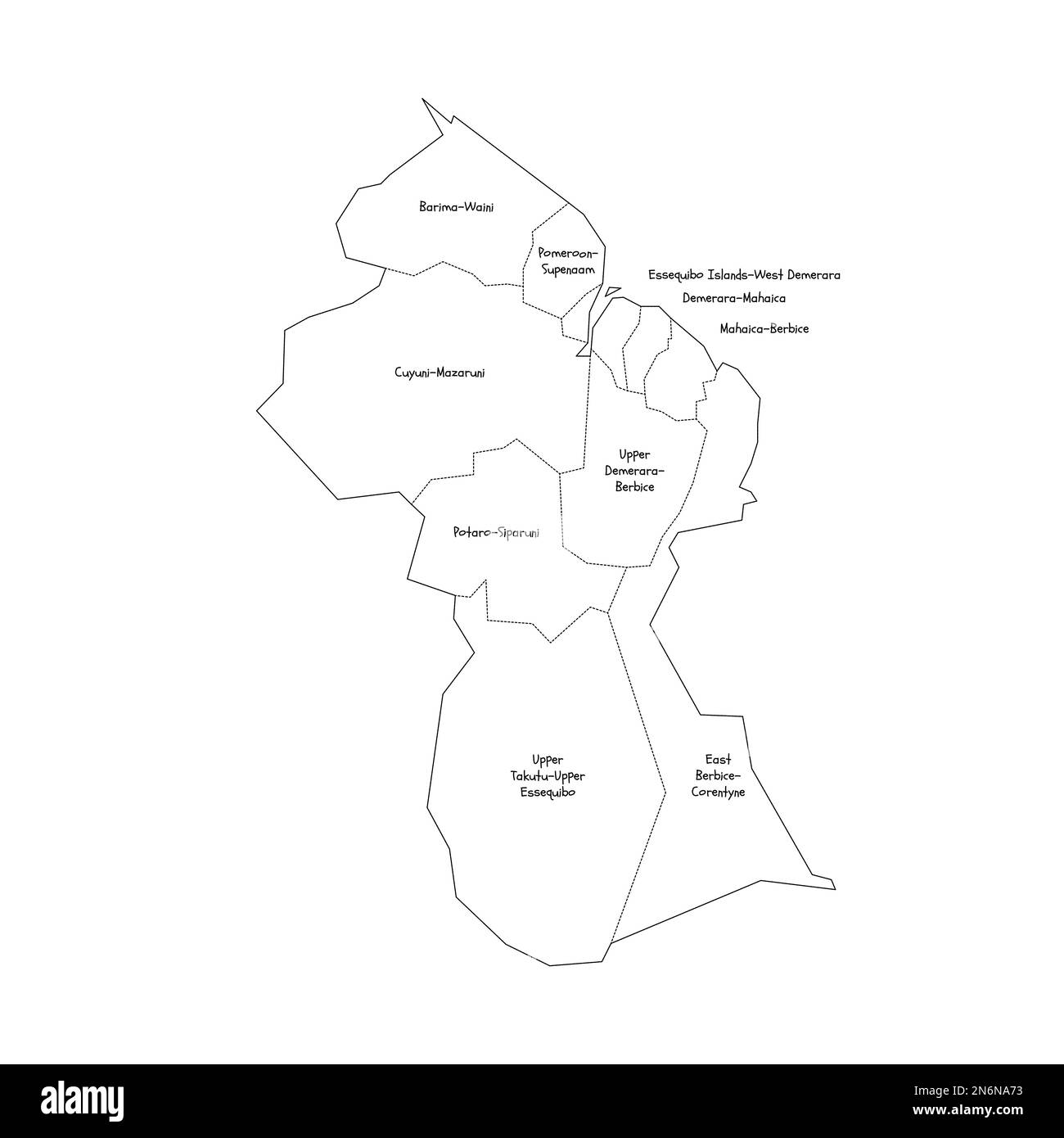 Politische Karte der Verwaltungsabteilungen - Regionen in Guyana. Handgezeichnete Karte im Kritzelstil mit schwarzen Umrandungen und Namensschildern. Stock Vektor