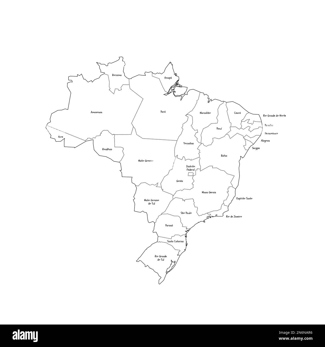Politische Karte Brasiliens der Verwaltungsabteilungen - Föderative Einheiten Brasiliens. Handgezeichnete Karte im Kritzelstil mit schwarzen Umrandungen und Namensschildern. Stock Vektor