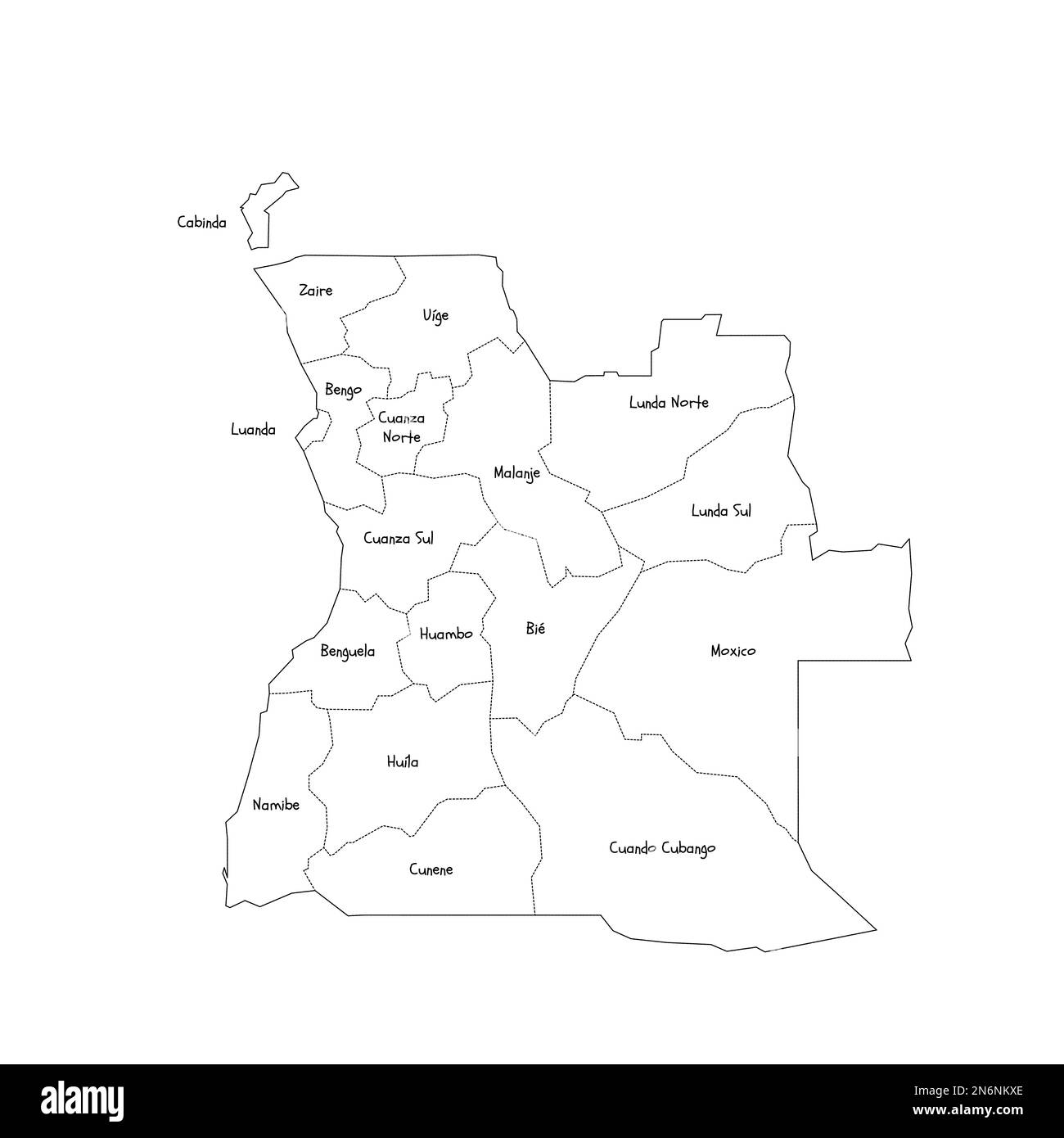 Angolanische politische Karte der Verwaltungsabteilungen - Provinzen. Handgezeichnete Karte im Kritzelstil mit schwarzen Umrandungen und Namensschildern. Stock Vektor