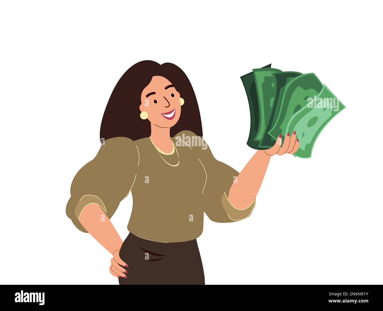 Glückliche Reiche Geschäftsfrau. Weibliche Figuren halten einen Haufen Geld, Grüne Scheine, Dollarscheine. Finanzielles Vermögen, Geld Wohlstand, Akkumulation, Ersparnisse, wohlhabend Stockfoto