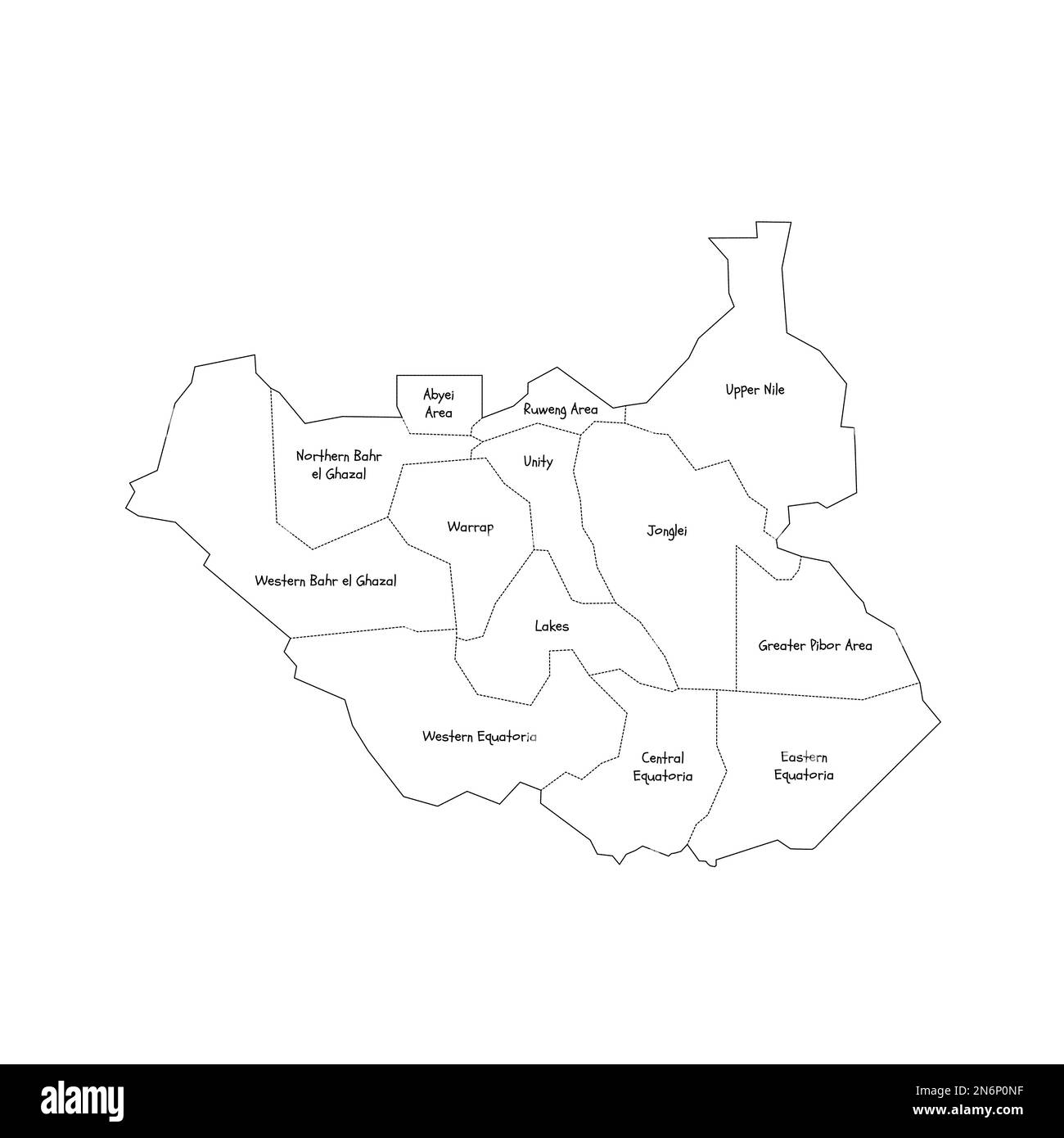 Südsudan: Politische Karte der Verwaltungseinheiten - Staaten, Verwaltungsgebiete und Gebiete mit Sonderverwaltungsstatus. Handgezeichnete Karte im Kritzelstil mit schwarzen Umrandungen und Namensschildern. Stock Vektor